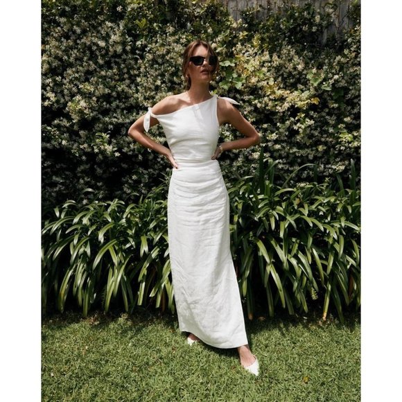 SIR. Bettina Tie Midi Dress in Ivory XSmall New Womens Linen Off the Shoulder - Picture 14 of 16